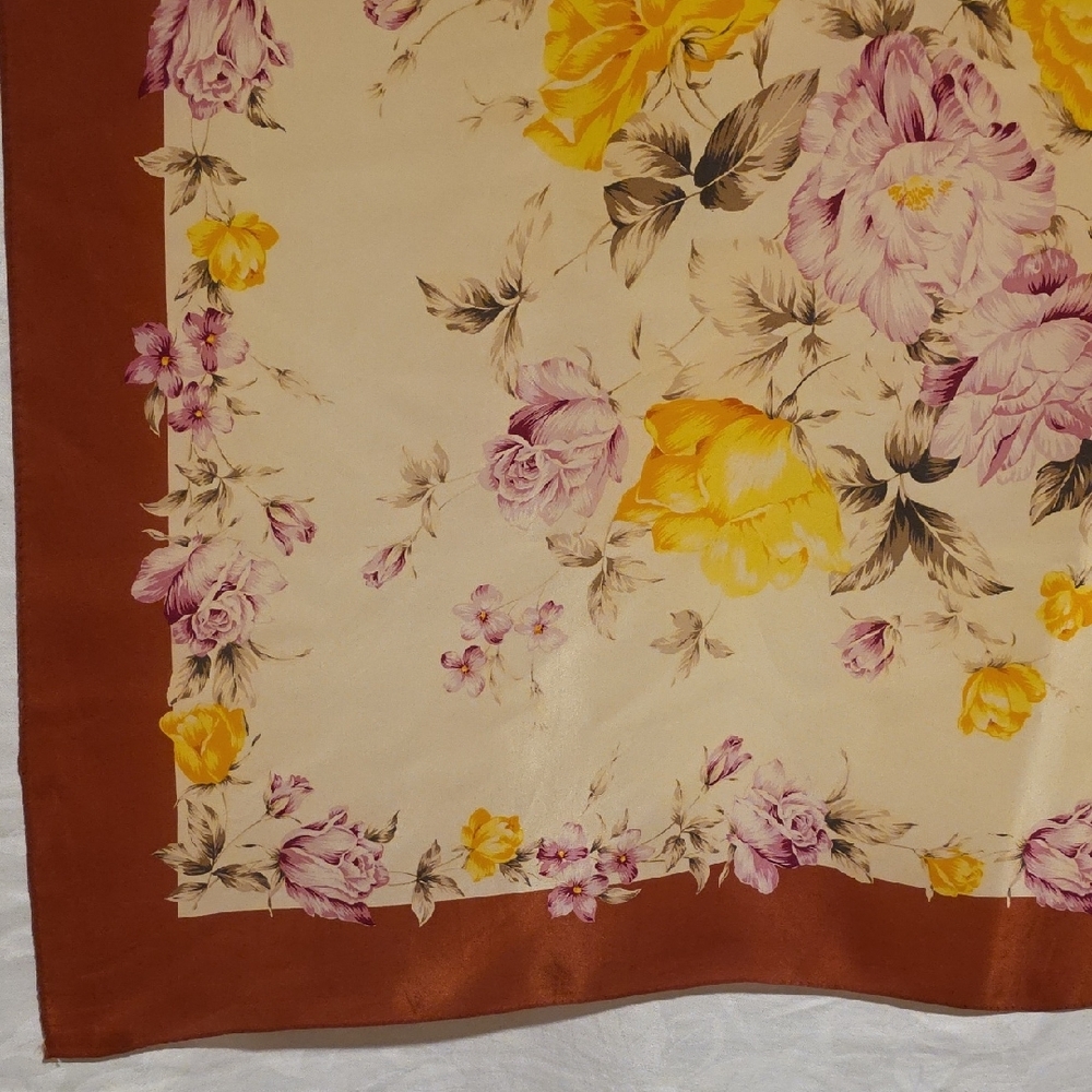 Vintage Peyton Place Floral Silk Scarf in Rust, Cream & Yellow - Picture 3 of 12